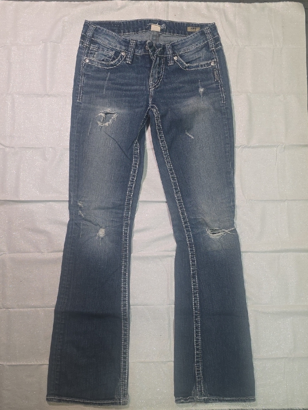 Silver Jeans Women's Distressed Dark Blue Flare Jeans
